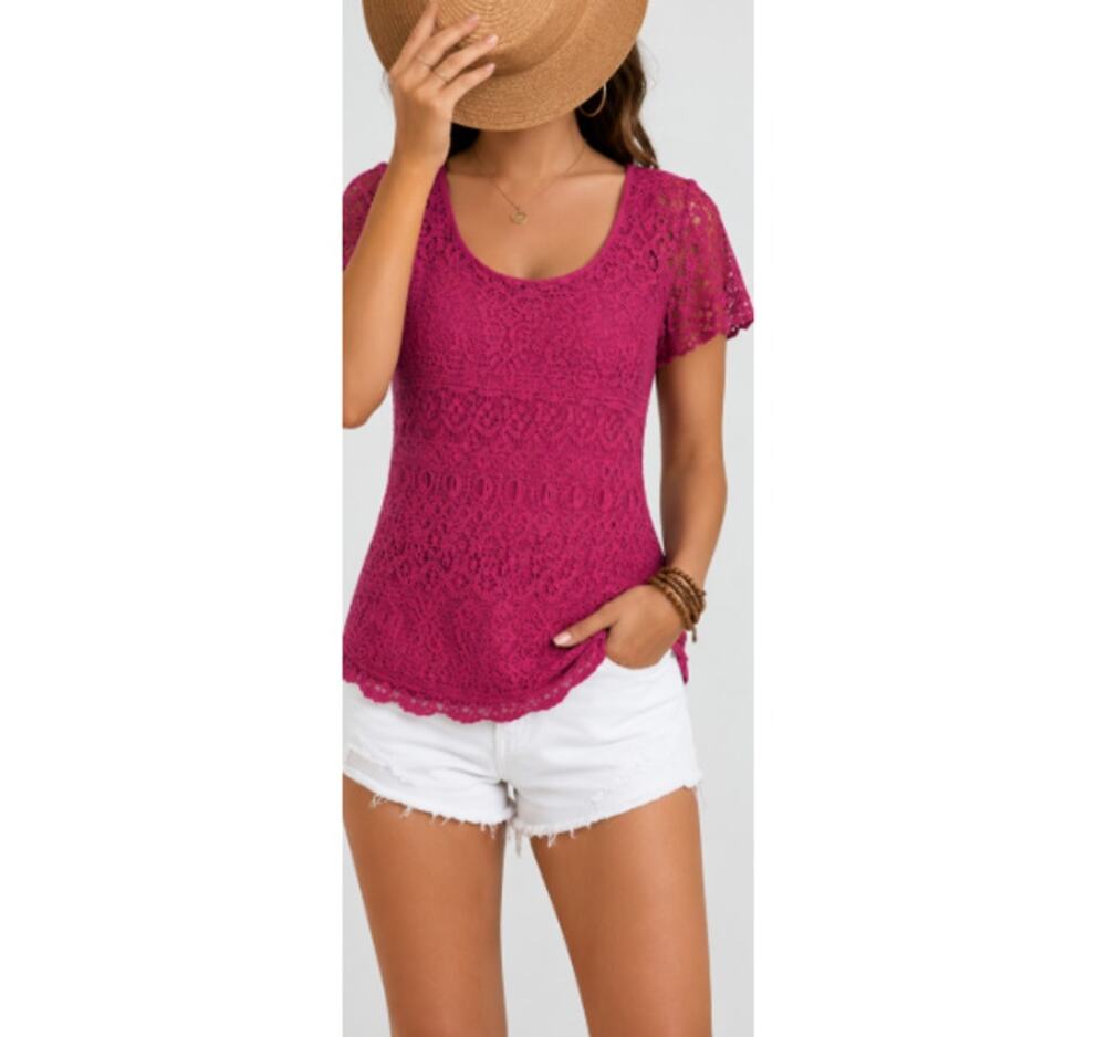 New Lucky Brand Women's Magenta Crochet Knit Scoop Neck Top Size Small